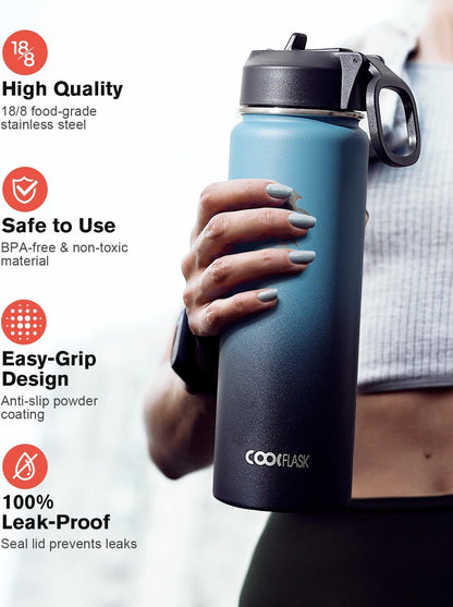 Half Gallon Water Bottle Insulated with Straw & 3 Lids, Coolflask 64 oz Water Jug Large Metal Stainless Steel Wide Mouth for Sports, Gym or Office, Non-BPA Keep Cold 48H Hot 24H, Samurai Cyan