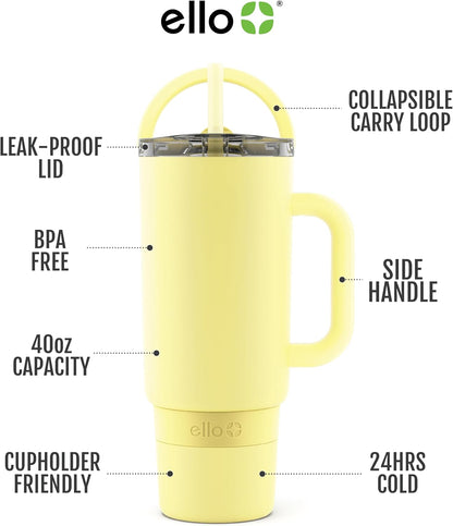 Ello Port 40oz Tumbler with Carry Loop & Integrated Handle, Vacuum Insulated Stainless Steel Reusable Water Bottle, Travel Mug with Leak Proof Lid & Straw, Perfect for Iced Coffee & Tea, White