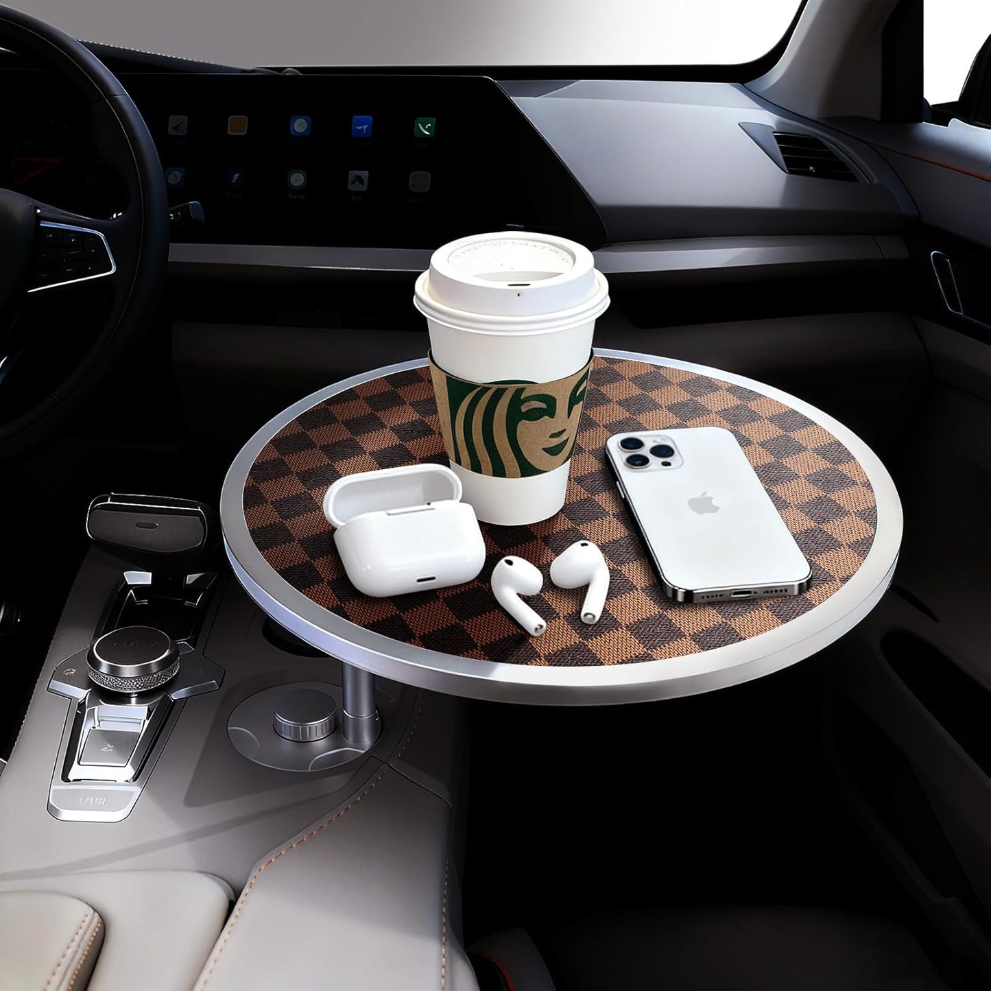 Car Tray Table & Car Desk for Laptop with 2 Risers and Anti-Slip Pad, 360° Rotating Cup Holder for Working and Eating Compatible with Tesla Model 3/Y/S, Ford F150/Explorer/Maverick & Most Vehicles/EV