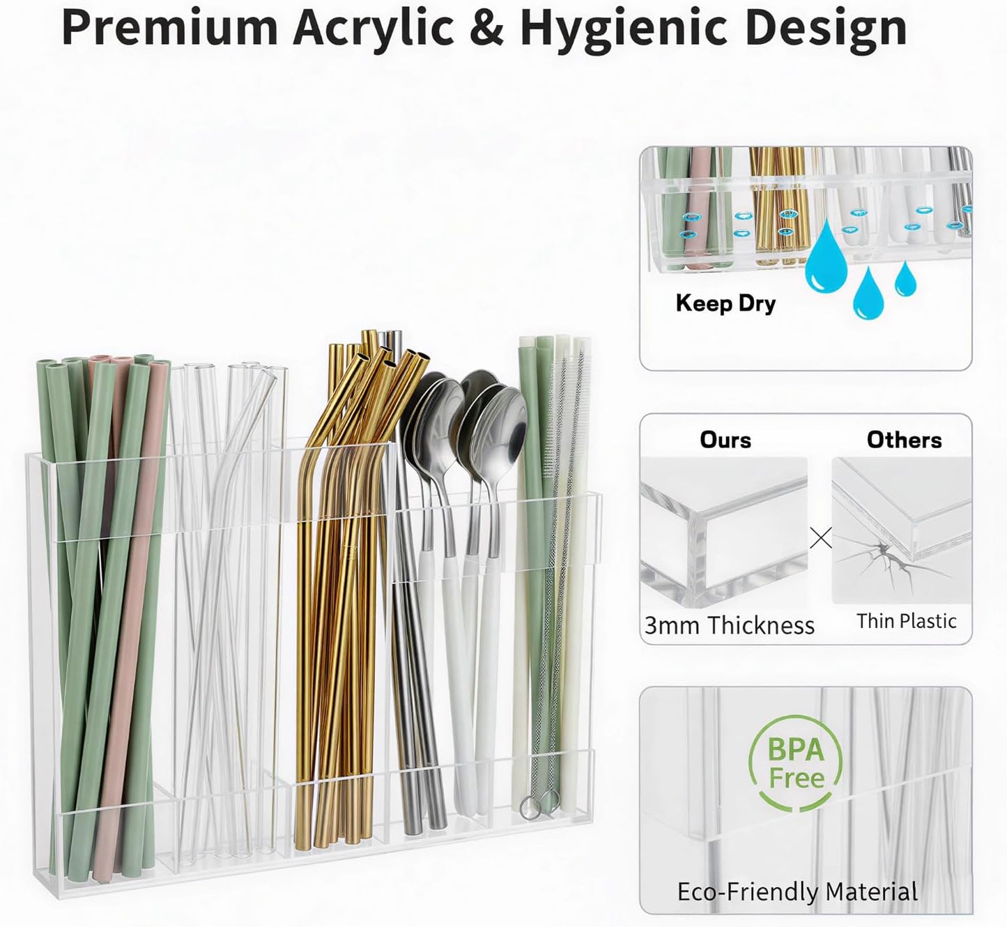 Straw Holder for Cabinet Door – Reusable Straw Organizer & Dispenser with Damage-Free Adhesive & Drain Holes – Fits Stanley, Yeti, Silicone & Metal Straws
