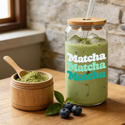 Mason Life Matcha Cup, 18 OZ Cute Glass with Lid and Straw, Matcha Drinking Cup Beer Can Glass for Valentines Day Gift Iced Coffee Smoothie Cocktail Milk Mother's Gifts