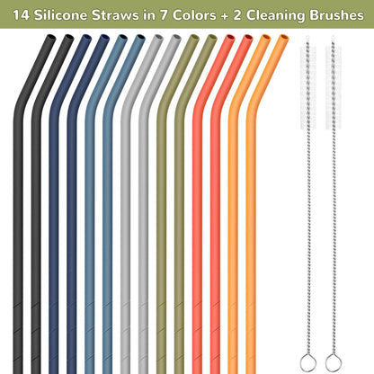NiHome 14PCS Silicone Straws Fit for Stanley 40oz 30oz Tumbler, 14” Extra Long Reusable Drinking Straw, Flexible Can Cut Length for 1/Half Gallon 75 64 OZ Large Water Bottle - 2 Brushes (Rainbow)