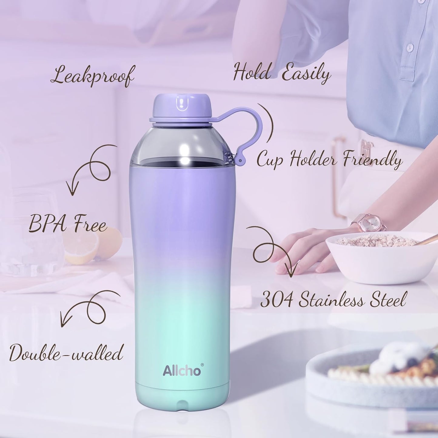 Allcho Insulated Water Bottle for Women, 18oz Stainless Steel Leak Proof Tumbler with 2 Lids, BPA-Free Tritan Chug & Straw Lid, Double Wall Vacuum Flask
