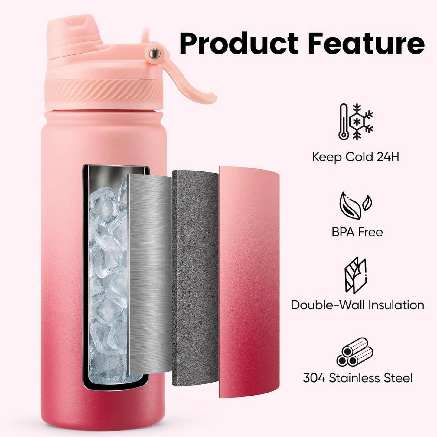 Fijinhom 18 oz Insulated Water Bottle, 2-in-1 Straw and Spout Lid Stainless Steel Thermos, Leak-Proof, Double Wall Vacuum Flask, Keep Cold 24H for Outdoor, Sports, Travel, School (Black)