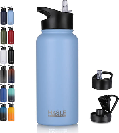HASLE OUTFITTERS 32 oz Insulated Water Bottle Stainless Steel Double Walled Vacuum Sports Water Bottle with 2 Lids (Straw and Spout Lid) for Gym Camping Hiking(Black,1)