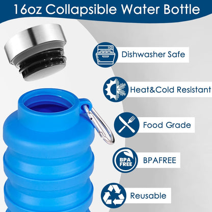 4 Pack Collapsible Water Bottles, 16oz Portable Reusable Silicone Water Bottle, Foldable Water Bottles for Travel Gym Camping Hiking, Leak Proof Sports Water Bottle with Carabiner (Bright Color)