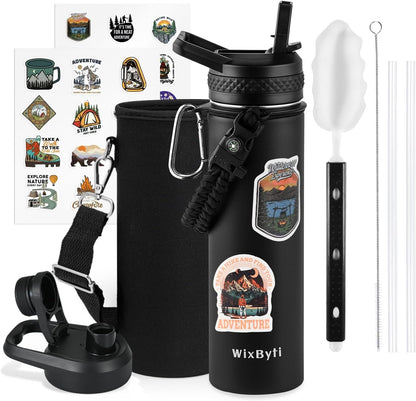 WixByti 40 oz Insulated Water Bottle with Straw (Cold for 36 Hrs), Stainless Steel Triple Wall Vacuum Sports Water Jug, Leakproof Hydro Cup Flask with Paracord Handle & Straw Spout Lids & DIY Stickers