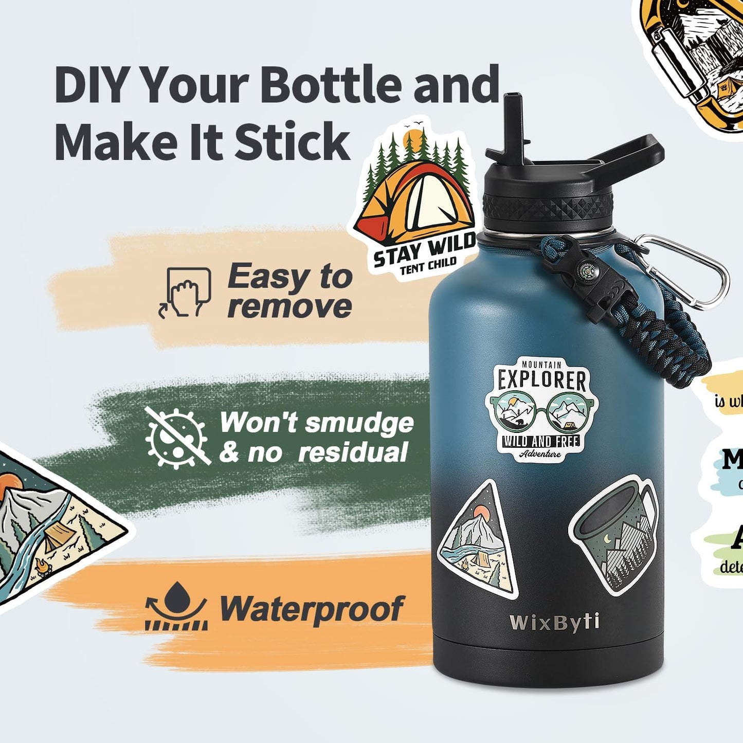 WixByti 40 oz Insulated Water Bottle with Straw (Cold for 36 Hrs), Stainless Steel Triple Wall Vacuum Sports Water Jug, Leakproof Hydro Cup Flask with Paracord Handle & Straw Spout Lids & DIY Stickers