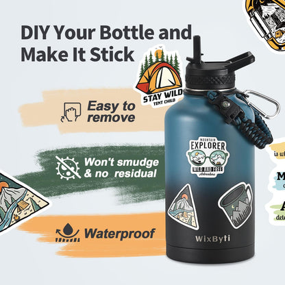 WixByti 40 oz Insulated Water Bottle with Straw (Cold for 36 Hrs), Stainless Steel Triple Wall Vacuum Sports Water Jug, Leakproof Hydro Cup Flask with Paracord Handle & Straw Spout Lids & DIY Stickers