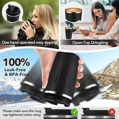 Volhoply 12 oz Double Wall Insulated Vacuum Travel Coffee Mugs with Flip Lid Bulk 2 Pack,Reusable Stainless Steel Leak Proof Coffee Cup,Portable Cafe Thermal Tumbler for Hot & Cold Drinks(Mix,2 Set)
