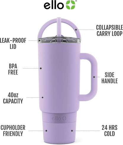 Ello Port 40oz Tumbler with Carry Loop & Integrated Handle, Vacuum Insulated Stainless Steel Reusable Water Bottle, Travel Mug with Leak Proof Lid & Straw, Perfect for Iced Coffee & Tea, White