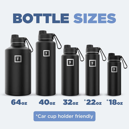 IRON °FLASK Camping & Hiking Hydration Flask with Straw, Wide Mouth Insulated Stainless Steel Sports Water Bottle - 40 oz Midnight Black