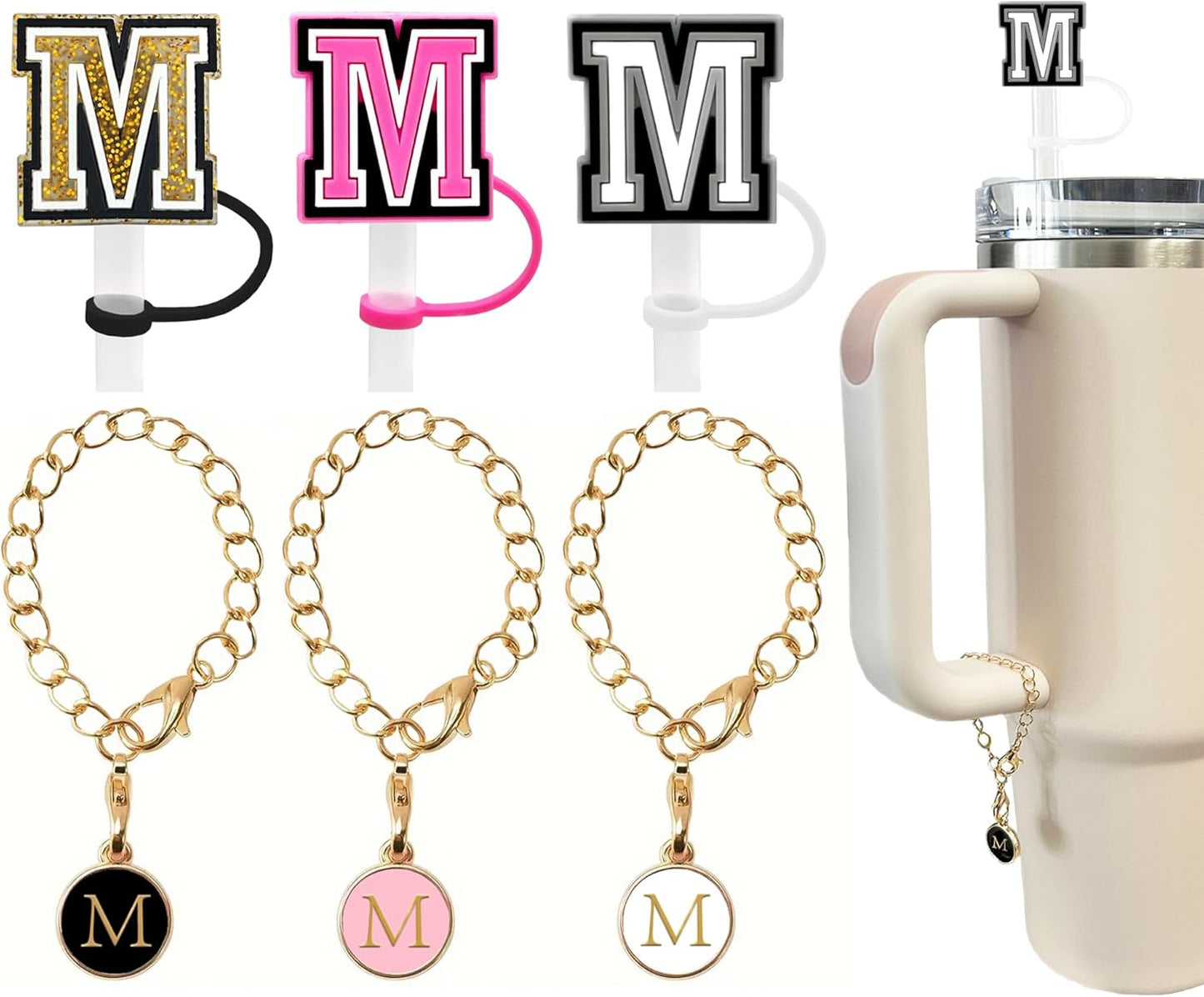 （3 +3) 3PCS Nuozme Straw Cover 10mm For Stanley Tumbler Cup Reusable Straw Cap Topper with 3 Initial Letter Charms Accessories Name ID Personalized Handle Charm For Stanley 30&40 Oz Cup Tumbler - Colors B