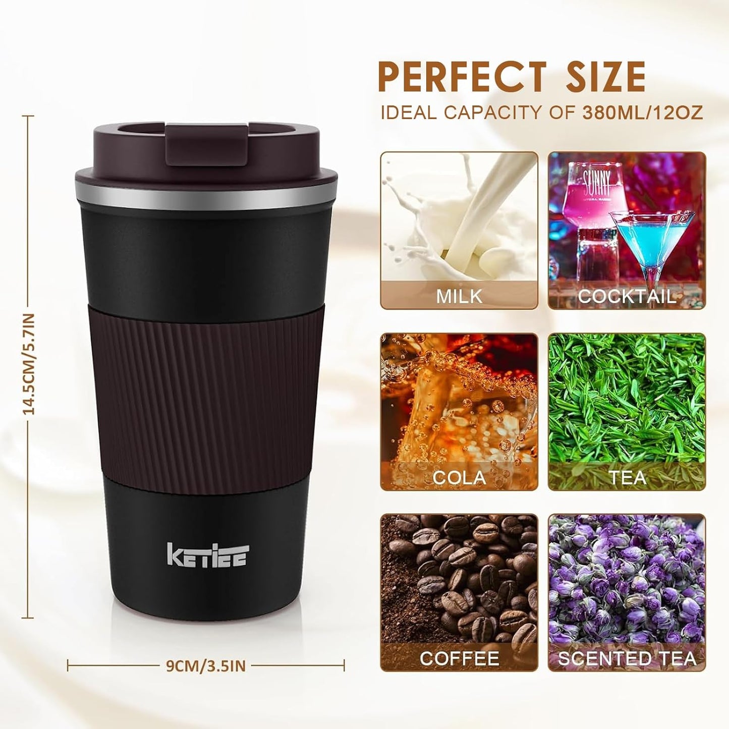 KETIEE Travel Coffee Mug Spill Proof 12oz, Insulated Travel Mug to Go, Reusable Coffee Cup with Seal Lid, Vacuum Stainless Steel Tumbler for Hot/Cold Drinks (Red)
