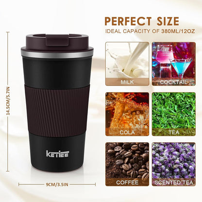 KETIEE Travel Coffee Mug Spill Proof 12oz, Insulated Travel Mug to Go, Reusable Coffee Cup with Seal Lid, Vacuum Stainless Steel Tumbler for Hot/Cold Drinks (Red)
