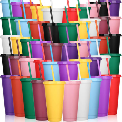 Honeydak 15 Pack Tumbler with Straw and Lid Bulk Cups for Gifts Water Bottle Iced Coffee Travel Mug Cup Reusable Plastic Tumblers for Party Birthdays 24-27 oz (Solid Color)