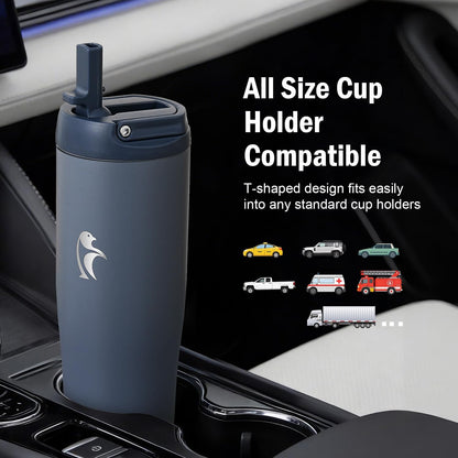 Coolflask Water Bottle 40 oz Fits Car Cup Holder, Slim Tumbler Stainless Steel with Straw & Handle, Vacuum Flask Leakproof Wide Mouth for Travel Sports Gym, Black