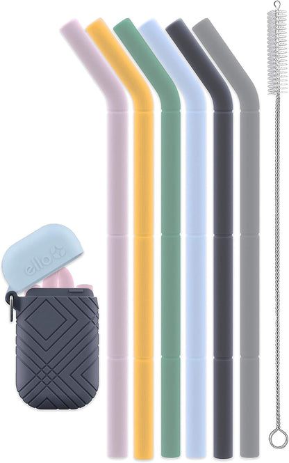 Ello Impact Pack of Reusable Silicone Straws with Fold & Store Carry Case, Portable Drinking Straw for Party Travel Cruise Ship, Includes Straw Cleaning Brush, Dishwasher Safe, BPA-Free