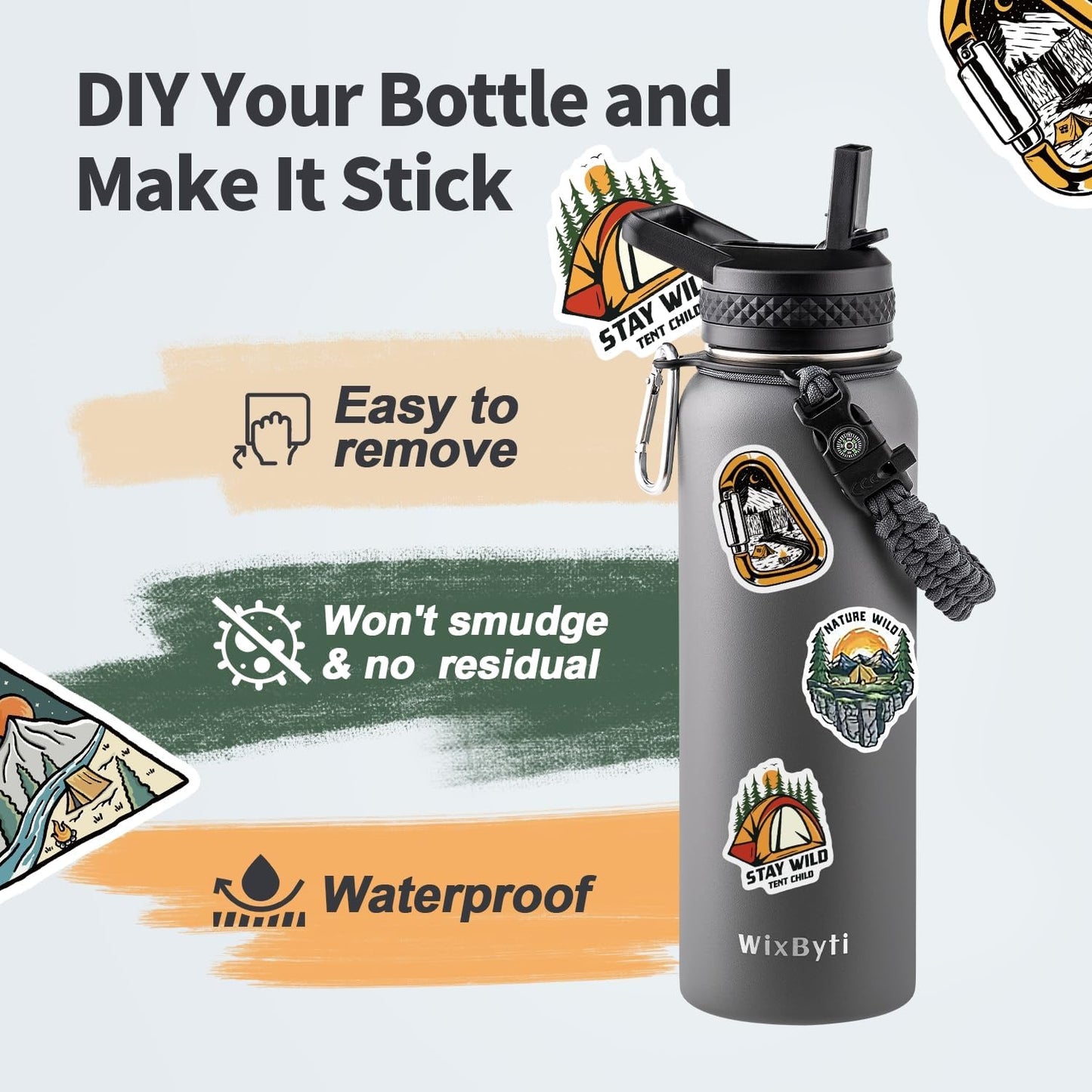 WixByti 40 oz Insulated Water Bottle with Straw (Cold for 36 Hrs), Stainless Steel Triple Wall Vacuum Sports Water Jug, Leakproof Hydro Cup Flask with Paracord Handle & Straw Spout Lids & DIY Stickers