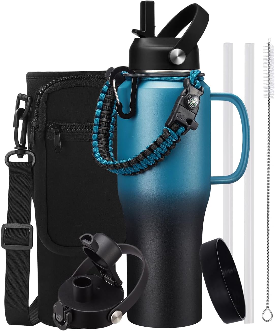Insulated Water Bottle 40 oz - Fits in any Car Cup Holder, Keep Cold 48H Hot 24H, Stainless Steel Waterbottle Double Wall Flask with Straw, Pop-up Spout Lid, Paracord Handle, Carrier Bag