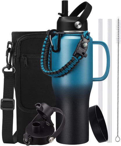 Insulated Water Bottle 40 oz - Fits in any Car Cup Holder, Keep Cold 48H Hot 24H, Stainless Steel Waterbottle Double Wall Flask with Straw, Pop-up Spout Lid, Paracord Handle, Carrier Bag