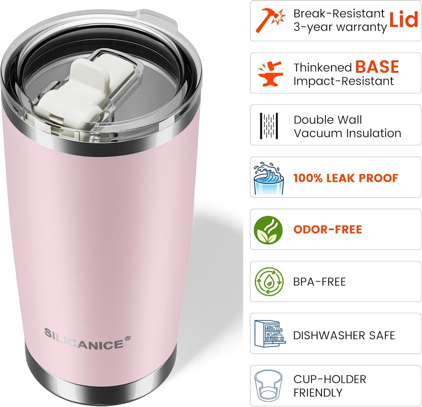 20oz Hygienic Insulated Tumbler — 100% Leakproof Lid with Removable Spout & Straw, Reinforced Vacuum-Protection Base, Cup Holder Friendly, for Iced Coffee, Smoothie/Water on the Go - Pink Sand