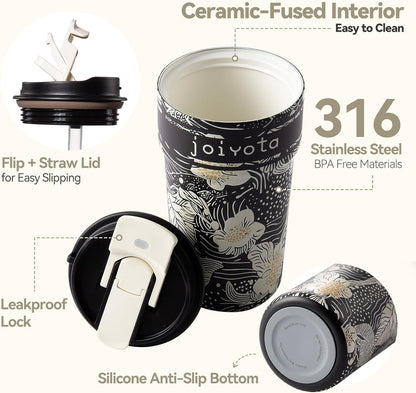 20oz Artic Ceramic Lined Coffee Tumbler, 3D Floral Print Design, Insulated Stainless Steel Travel Mug with Lid and Straw, BPA-Free Leak-Proof for Hot & Iced Coffee Tea, Unique Gifts for Women