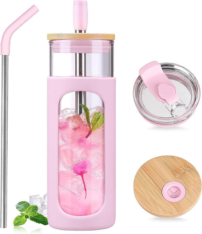 Kodrine 20oz Glass Water Tumbler with Straw and Lid, Bamboo Lids Water Bottle, Iced Coffee Cup Reusable, Wide Mouth Smoothie Cups with Protective Silicone Sleeve BPA FREE-Black - Colors B