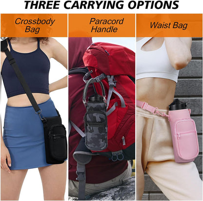 AceTreker 32/40/64/128 oz Neoprene Insulated Water Bottle Carrier Bag, Sling Bag Sleeve Pouch Holder with Strap & Paracord Handle and 2 Pocket for Travelling, Hiking, Camping