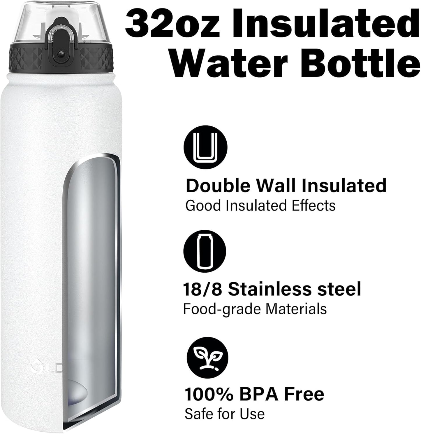 Oldley Insulated Water Bottle 20oz for Adults Kids Stainless Steel Water Bottles with Straw/Chug/Carabiner 3 Lids Fruit Strainer Double Wall Vacuum Wide Mouth BPA Free Leak-Proof for School Travel
