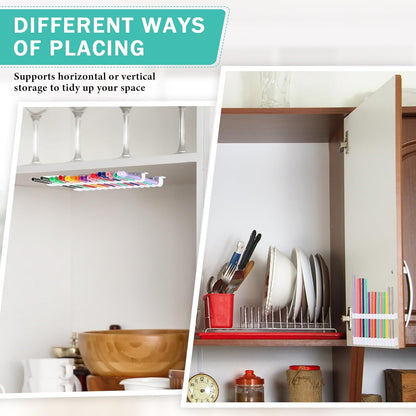 Baderke Straw Holder for Cabinet Reusable Straw Organizer with Double Sided Adhesive Tape Screws Storage Container for Kitchen Counter Cupboard(White,Classic)