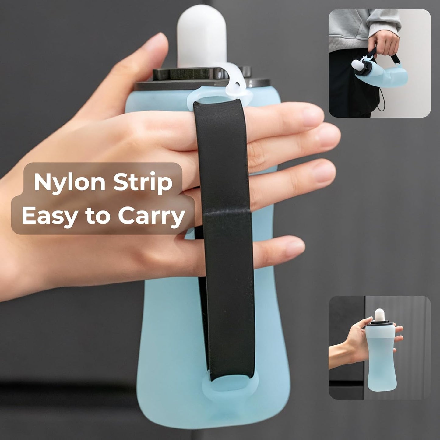 Handheld Running Water Bottle, Collapsible Water Bottle 350mL,Silicone Foldable, Odor Free,BPA-Free, Leak-Proof, Dishwasher-Safe, Hot & Cold Drinks, Running, Camping,Travel (Blue)