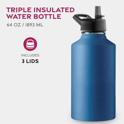 FineDine Water Bottle - Stainless Steel Insulated Water Bottle with Straw Lid, Flip Lid & Wide-Mouth Cap - Keeps Hot and Cold - 25 Oz / 739ml - Dreamy Purple