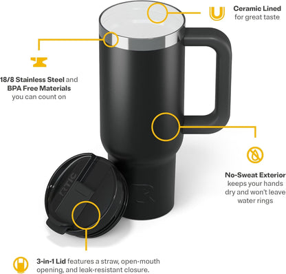 RTIC 30 oz Road Trip Tumbler Double-Walled Ceramic Lined InsulatedStainless Steel Portable Travel Coffee Mug Cup with Lid, Handle and Straw, Periwinkle Bouquet