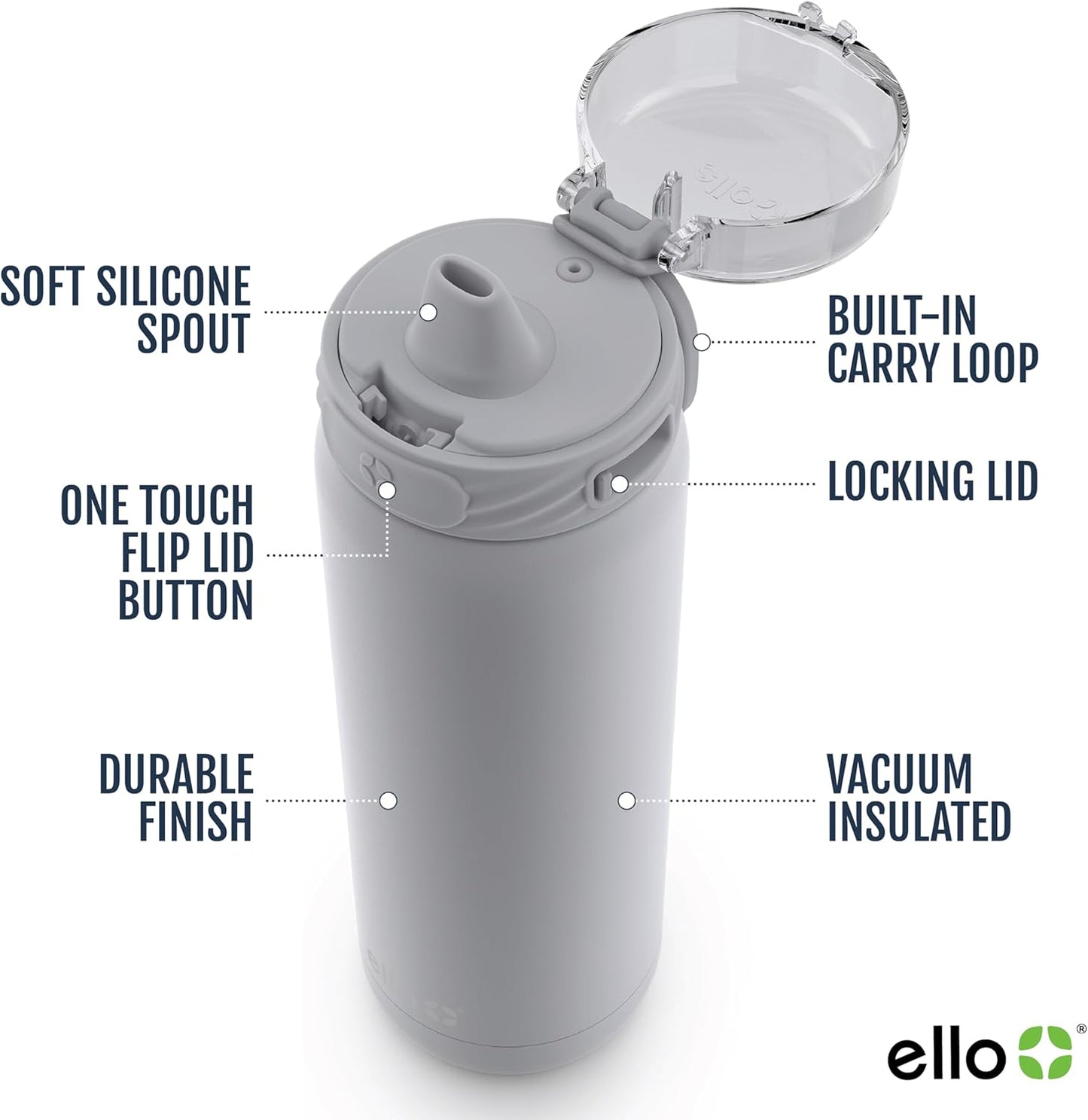 Ello Cooper 22oz Stainless Steel Water Bottle with Straw and Carry Handle, Double Walled and Vacuum Insulated Metal, Leak Proof Locking Lid with Soft Silicone Spout, Reusable, BPA Free, Lilac