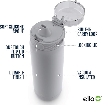 Ello Cooper 22oz Stainless Steel Water Bottle with Straw and Carry Handle, Double Walled and Vacuum Insulated Metal, Leak Proof Locking Lid with Soft Silicone Spout, Reusable, BPA Free, Lilac