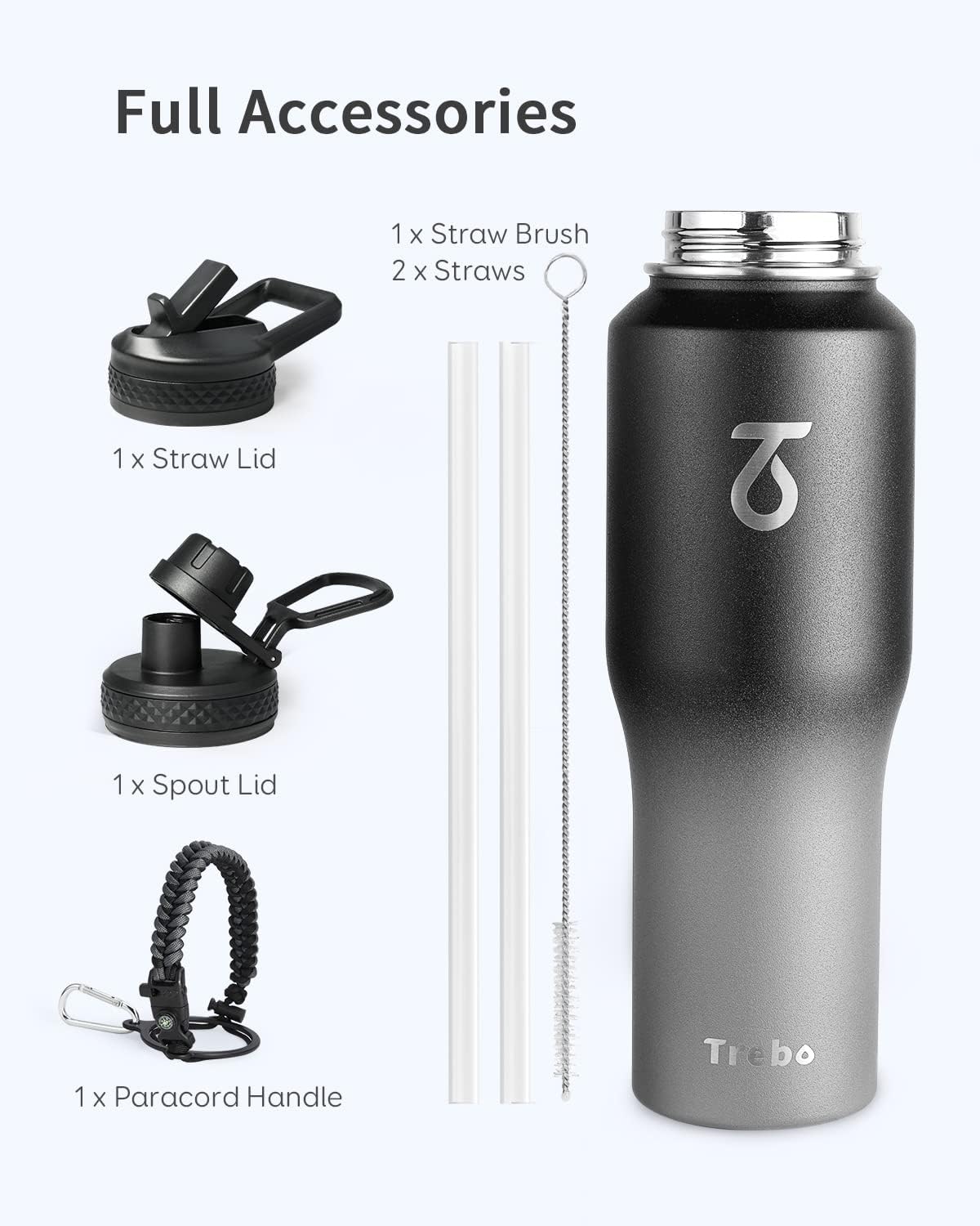 Trebo 40 oz Water Bottle Insulated Fit Car Cup Holder with Handle, Stainless Steel Water Bottles Tumbler with Spout Straw Lids, Double Wall Travel Reusable Flask, Leakproof Mug,Keep Cold &Hot,Black