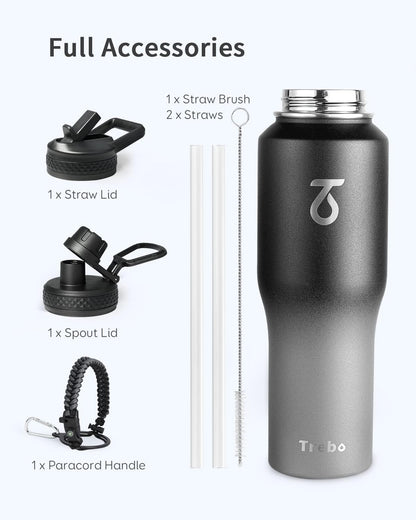 Trebo 40 oz Water Bottle Insulated Fit Car Cup Holder with Handle, Stainless Steel Water Bottles Tumbler with Spout Straw Lids, Double Wall Travel Reusable Flask, Leakproof Mug,Keep Cold &Hot,Black