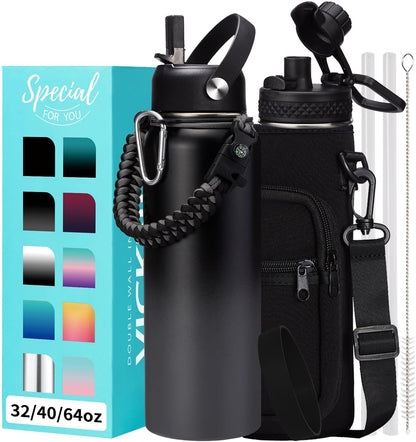 32/40/64OZ Insulated Water Bottle - Keep Cold 48H Hot 24H, Combo Straw/Spout Lids, Paracord Handle for Gym/Hiking, Carrier Bag +Strap, Cup Mat, BPA-Free Stainless Steel Flask Jug
