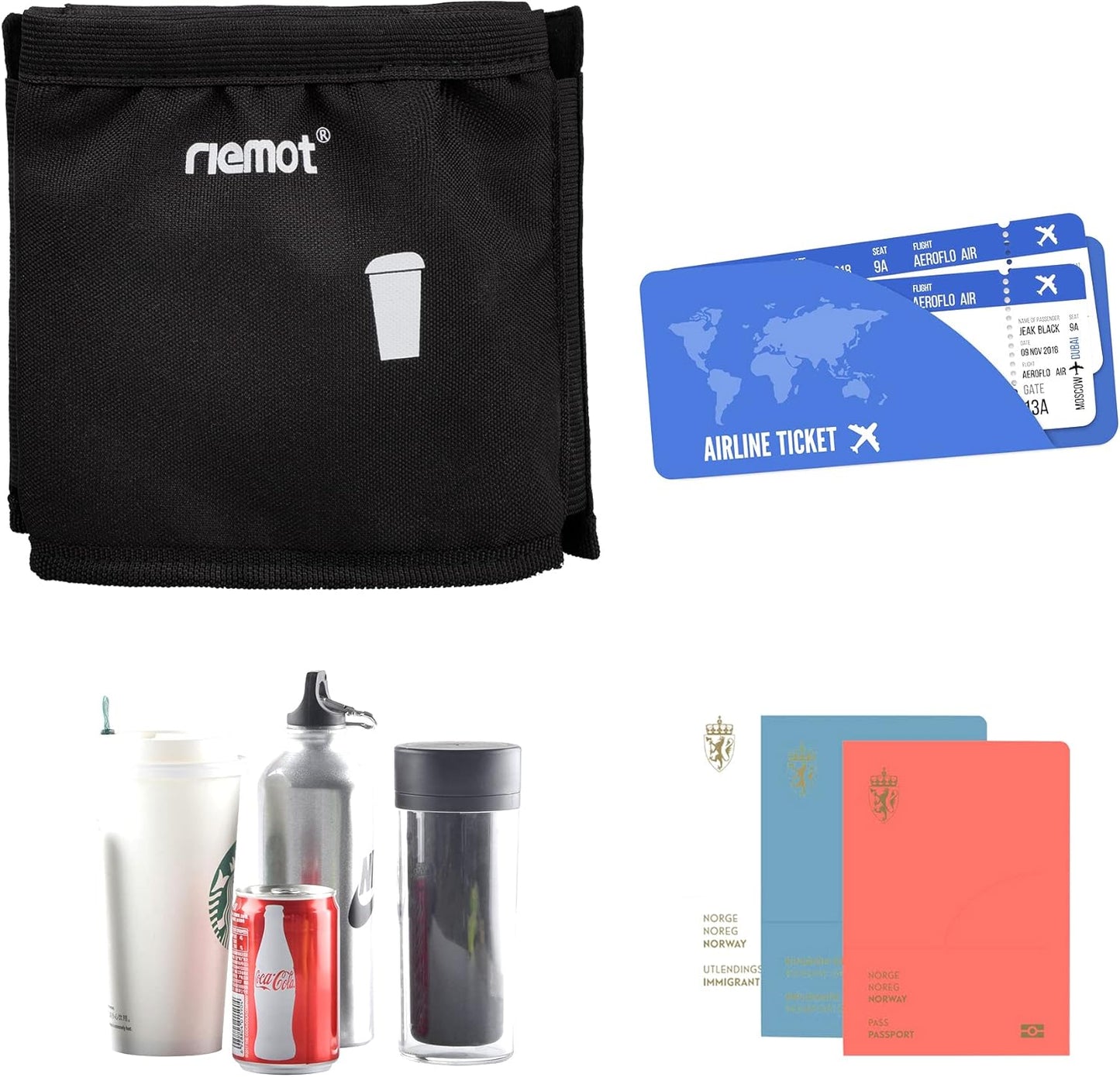riemot Luggage Travel Cup Holder Free Hand Drink Carrier - Hold Two Coffee Mugs - Fits Roll on Suitcase Handles - Gifts for Flight Attendants Travelers Accessories Carbon Black