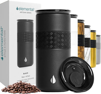 Elemental Artisan Insulated Tumbler, Triple Wall Coffee Travel Mug, Reusable Stainless Steel Coffee Tumbler with Ceramic Lid, Thermal Coffee Cups for Hot (6 Hrs) & Cold (18 Hrs), 16oz - Forest Green