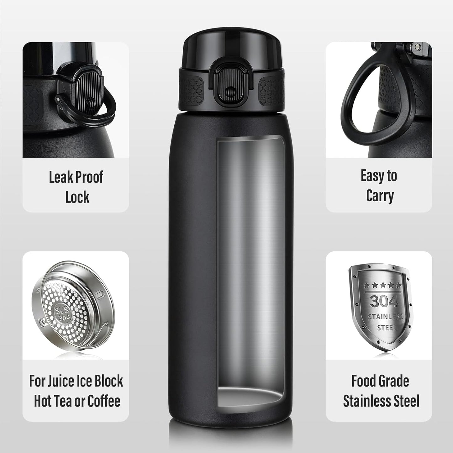 Insulated Water Bottle 24 oz with Dustproof Lid, Carry Handle & Tea Infuser, BPA-Free & Leakproof, Stainless Steel Water Bottles Ideal for Fitness, Hiking, Office & Outdoor Use (Black)