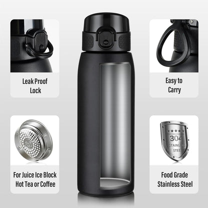 Insulated Water Bottle 24 oz with Dustproof Lid, Carry Handle & Tea Infuser, BPA-Free & Leakproof, Stainless Steel Water Bottles Ideal for Fitness, Hiking, Office & Outdoor Use (Black)