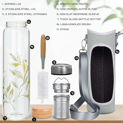 32oz Borosilicate Glass Water Bottle with Tea Infuser, Tea Tumbler with Strainer, Reusable Travel Mug with Sleeve & 2 Lids, Glass Drinking Bottle for Hot or Cold Drinks