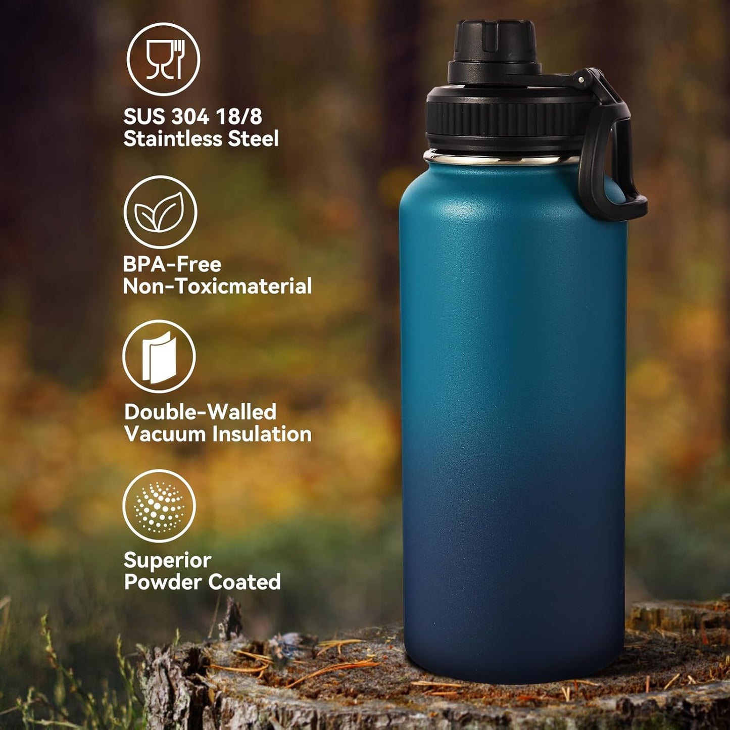 Neihepal 32 oz Insulated Water Bottle with 2 Lids (Straw & Spout Lid), 18/8 Stainless Steel Double Wall Water Bottles for Gym, Travel, Camping, Sports (Silver,1 Pack)