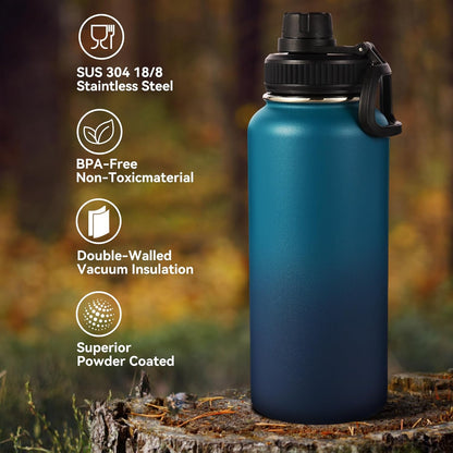 Neihepal 32 oz Insulated Water Bottle with 2 Lids (Straw & Spout Lid), 18/8 Stainless Steel Double Wall Water Bottles for Gym, Travel, Camping, Sports (Silver,1 Pack)