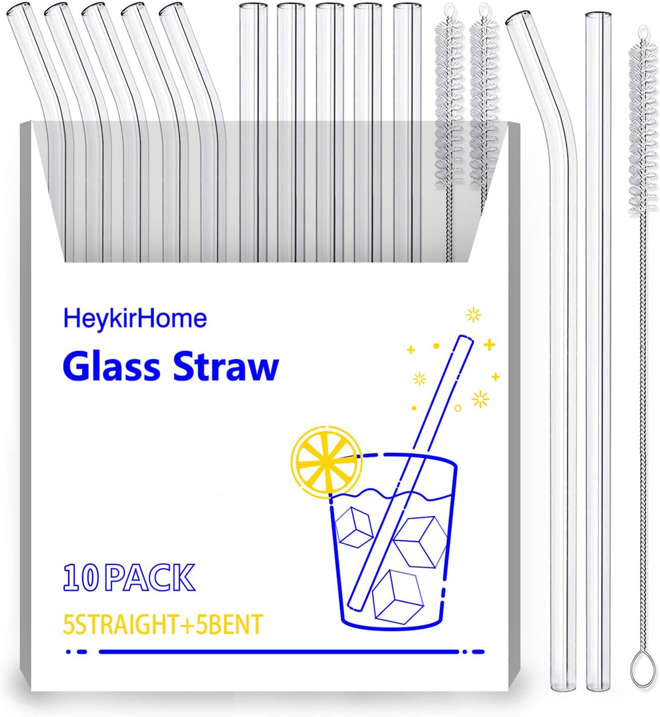 HeykirHome 4-Pack Reusable Glass Straw, Size 8.5''x10 MM,Including 2 Straight and 2 Bent with 2 Cleaning Brush- Perfect For Smoothies, Tea, Juice