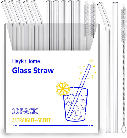 HeykirHome 4-Pack Reusable Glass Straw, Size 8.5''x10 MM,Including 2 Straight and 2 Bent with 2 Cleaning Brush- Perfect For Smoothies, Tea, Juice