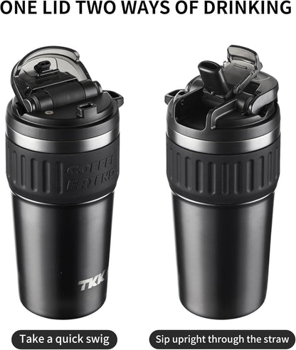 TKK Insulated Coffee Mug with Ceramic Coating, 21oz Iced Coffee Tumbler Cup with Straw Lid Double Wall Vacuum Leak Proof Travel Mug with Strap for Hot and Iced Beverage, Tungsten Steel