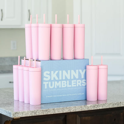 STRATA CUPS Perwinkle Skinny Tumblers with Lids and Straws (4 pack), 16oz Matte Pastel Colored Acrylic Tumblers with Lids and Straws, Double Wall Skinny Tumbler Bulk, Reusable Cup with Straw Cleaner